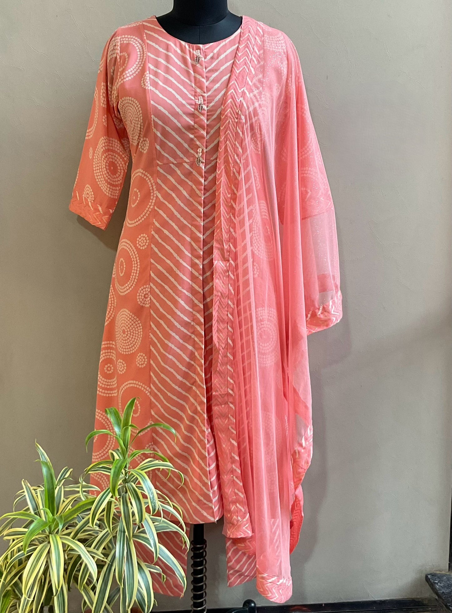 LIGHT PEACH LEHERIYA KURTA SET
