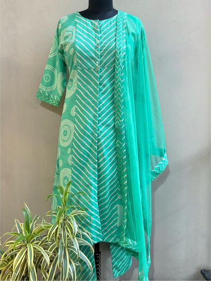 GREEN LEHERIYA KURTA SET