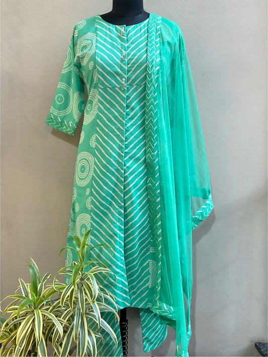 GREEN LEHERIYA KURTA SET