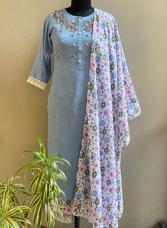 SKY BLUE HAND EMBROIDERED KURTA SET
