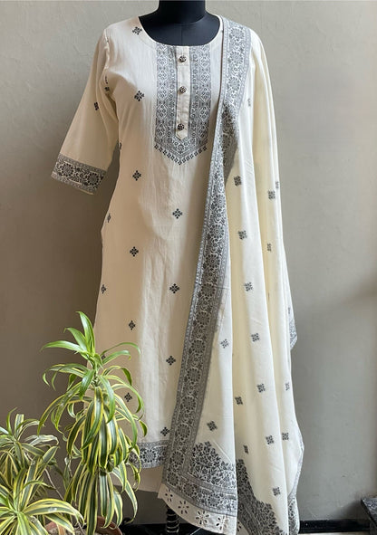 OFF WHITE & GREY WOVEN JAQUARD WORK KURTA SET