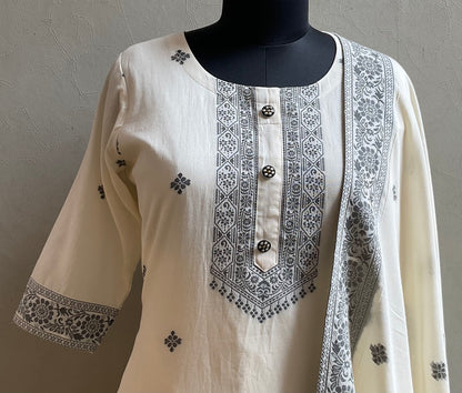 OFF WHITE & GREY WOVEN JAQUARD WORK KURTA SET