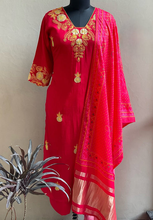 RED THREAD EMBROIDERED KURTA SET