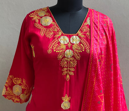RED THREAD EMBROIDERED KURTA SET