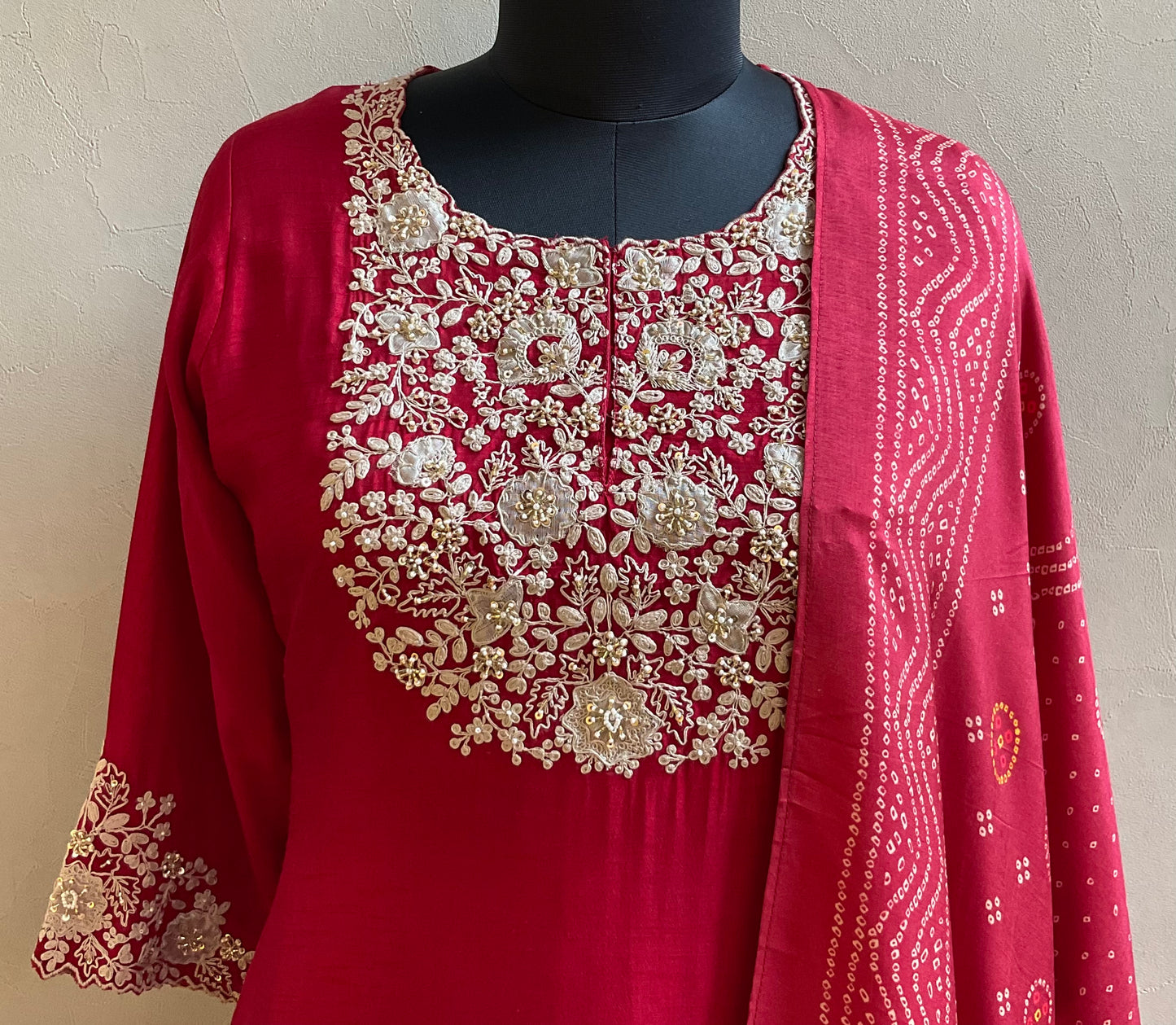MAROON TISSUE APPLIQUE WORKED KURTA SET