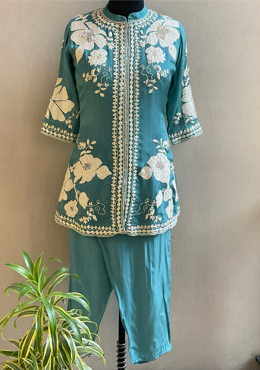 TEAL BLUE APPLIQUE WORKED CO-ORD SET