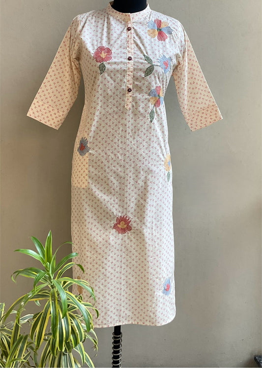 CREAM THREAD EMBROIDERED STRAIGHT KURTI