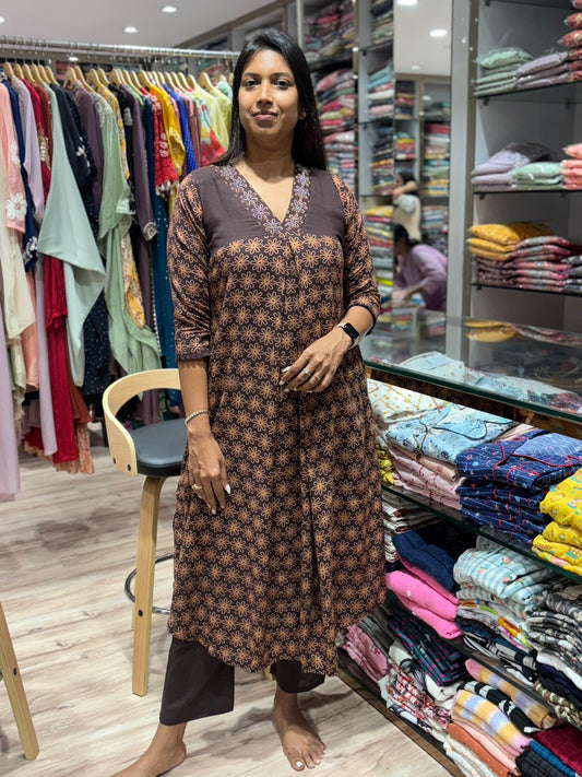 COFFEE BROWN V NECK HAND EMBROIDERED KURTA PANT