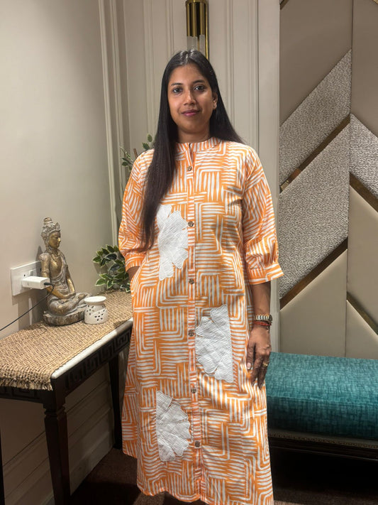 ORANGE APPLIQUE WORKED ALINE DRESS