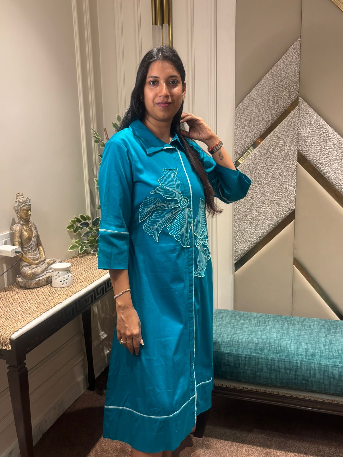 TEAL PATCHED ALINE DRESS