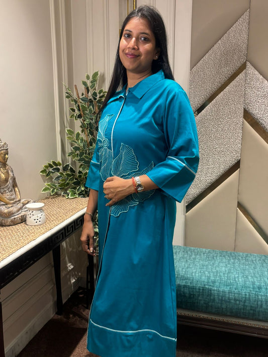 TEAL PATCHED ALINE DRESS