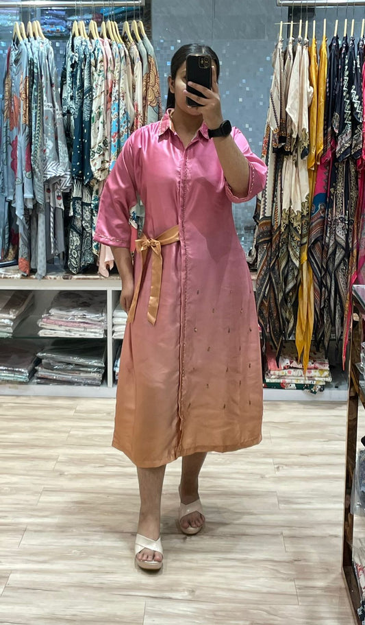 PINK OMBRE SHADE CUTDANA EMBROIDERED ALINE DRESS