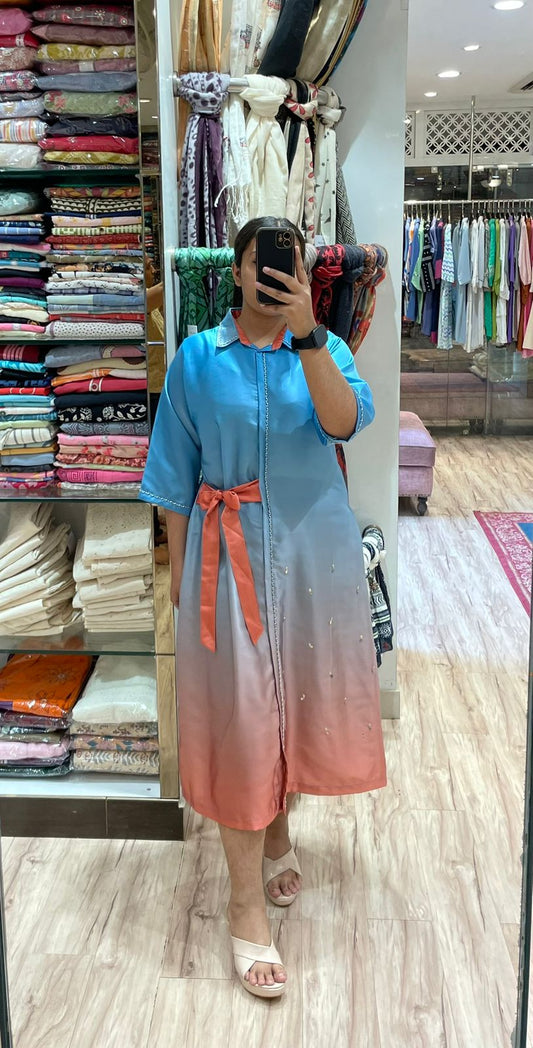 SKY BLUE OMBRE SHADE CUTDANA EMBROIDERED ALINE DRESS