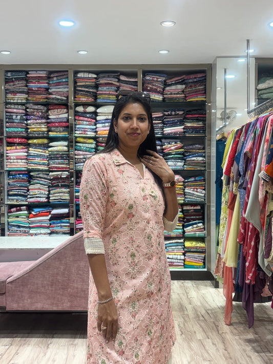 PEACH HAKOBA FLORAL PATCHED ALINE DRESS