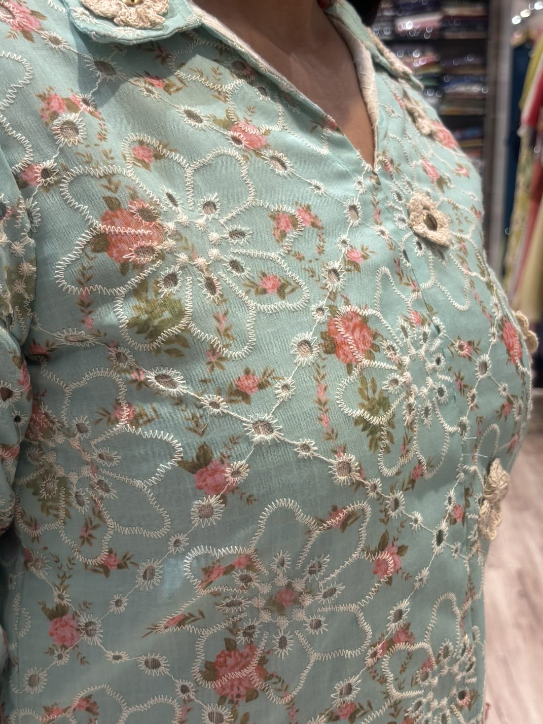 LIGHT GREEN FLORAL PATCHED ALINE DRESS