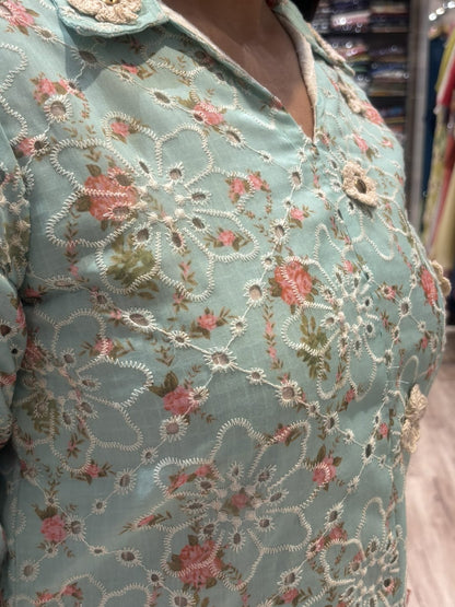 LIGHT GREEN FLORAL PATCHED ALINE DRESS