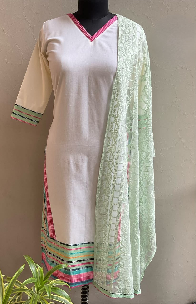 OFF WHITE MULTI COLOR PATCHED KURTA DUPATTA