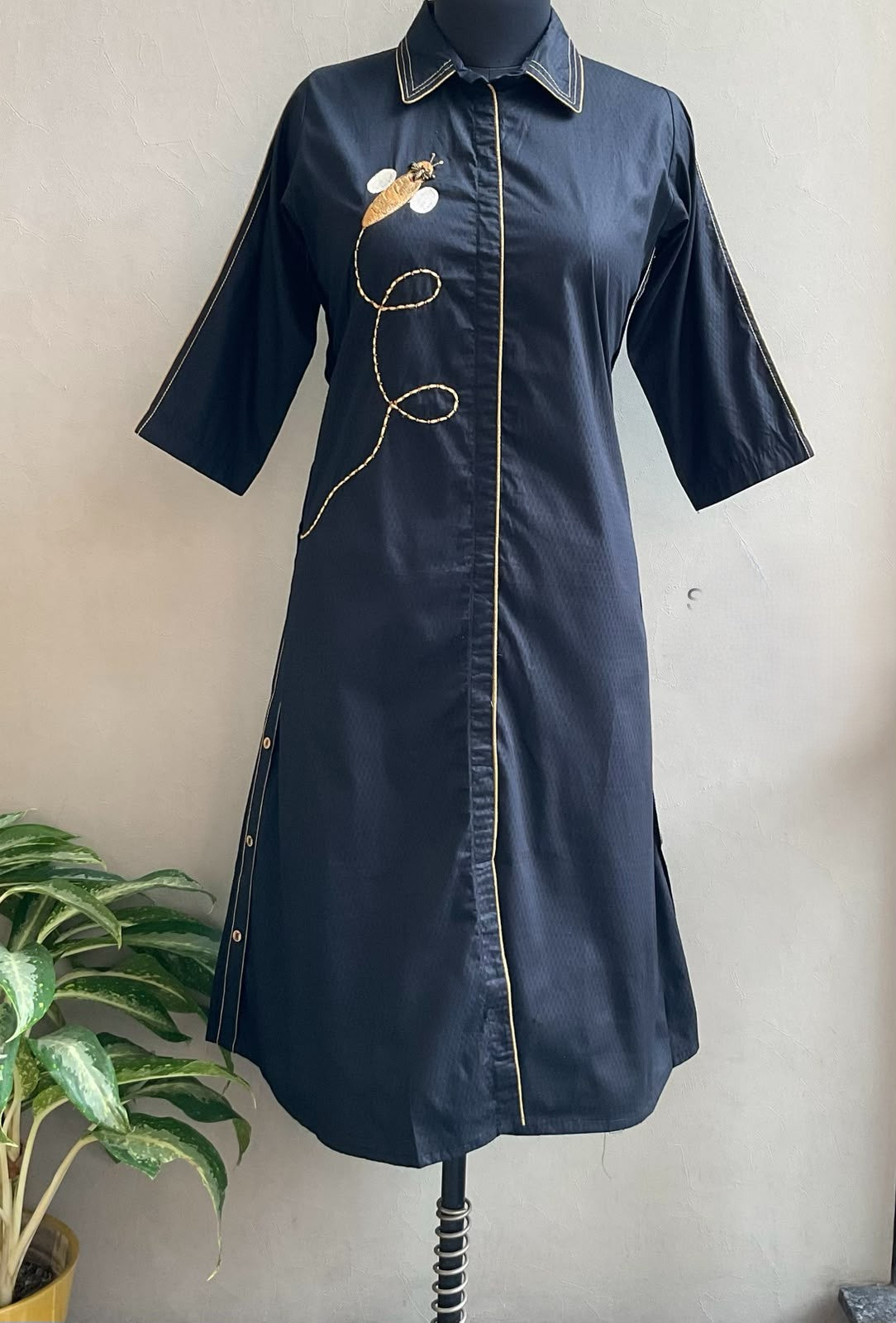 BLACK HONEY BEE EMBROIDERED ALINE DRESS