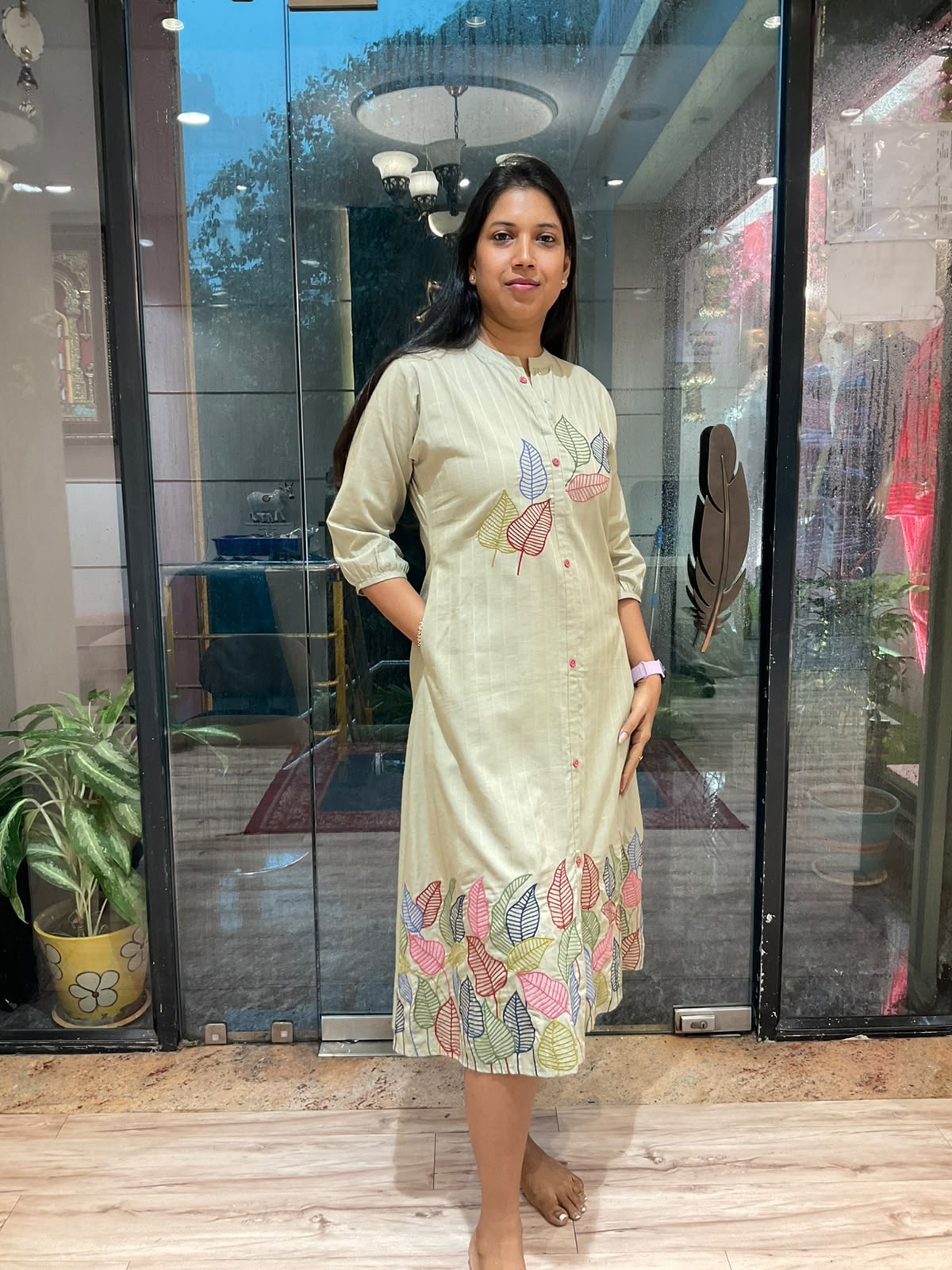 OLIVE MUD GREEN THREAD EMBROIDERED ALINE DRESS