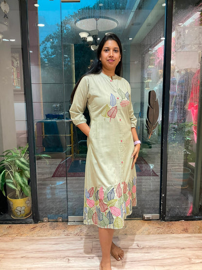 OLIVE MUD GREEN THREAD EMBROIDERED ALINE DRESS