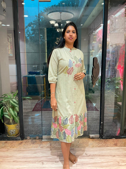 OLIVE MUD GREEN THREAD EMBROIDERED ALINE DRESS