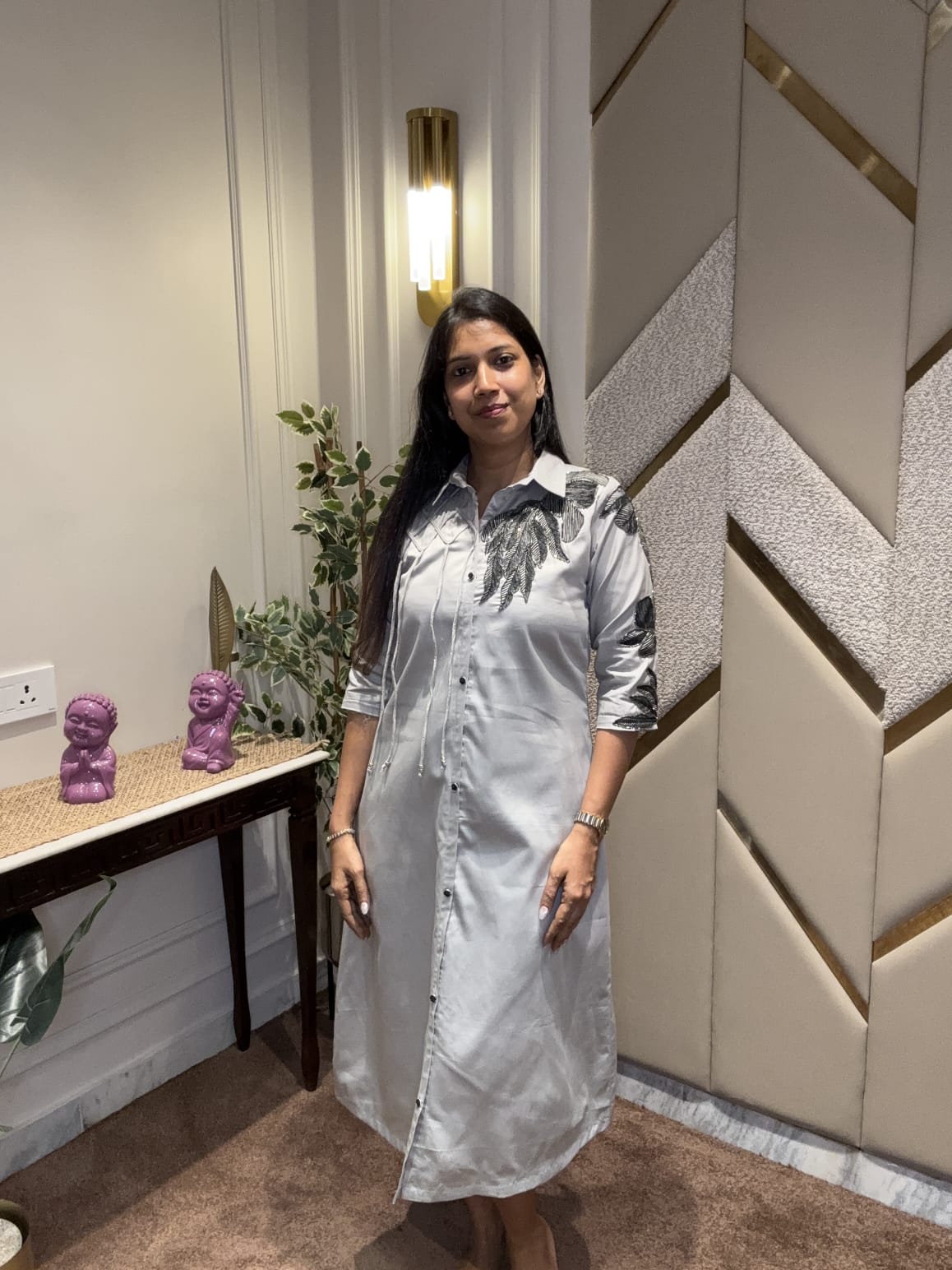 GREY EMBROIDERED PARTY WEAR ALINE DRESS