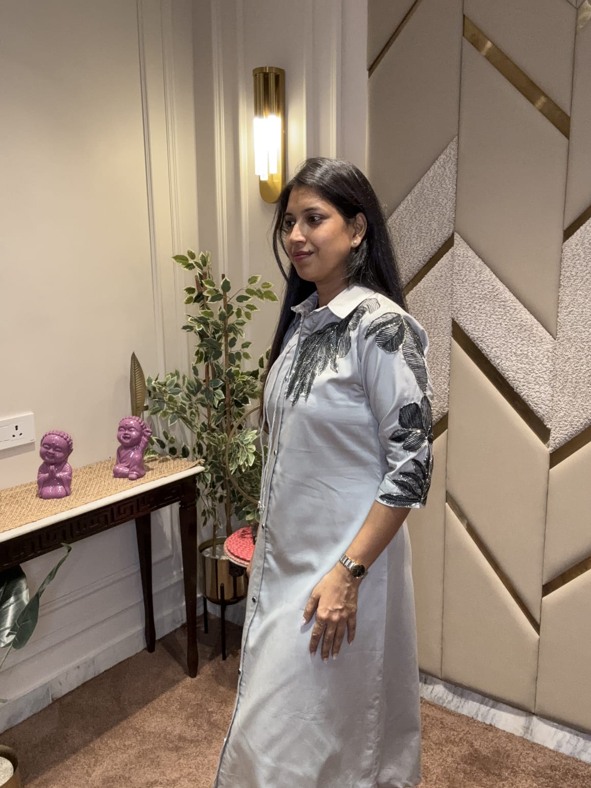 GREY EMBROIDERED PARTY WEAR ALINE DRESS