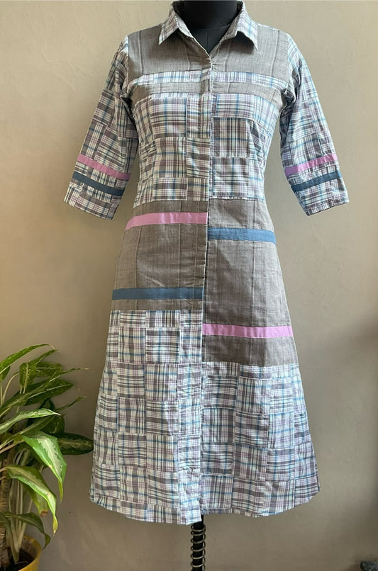 GREY CHECKES PATCHET ALINE DRESS