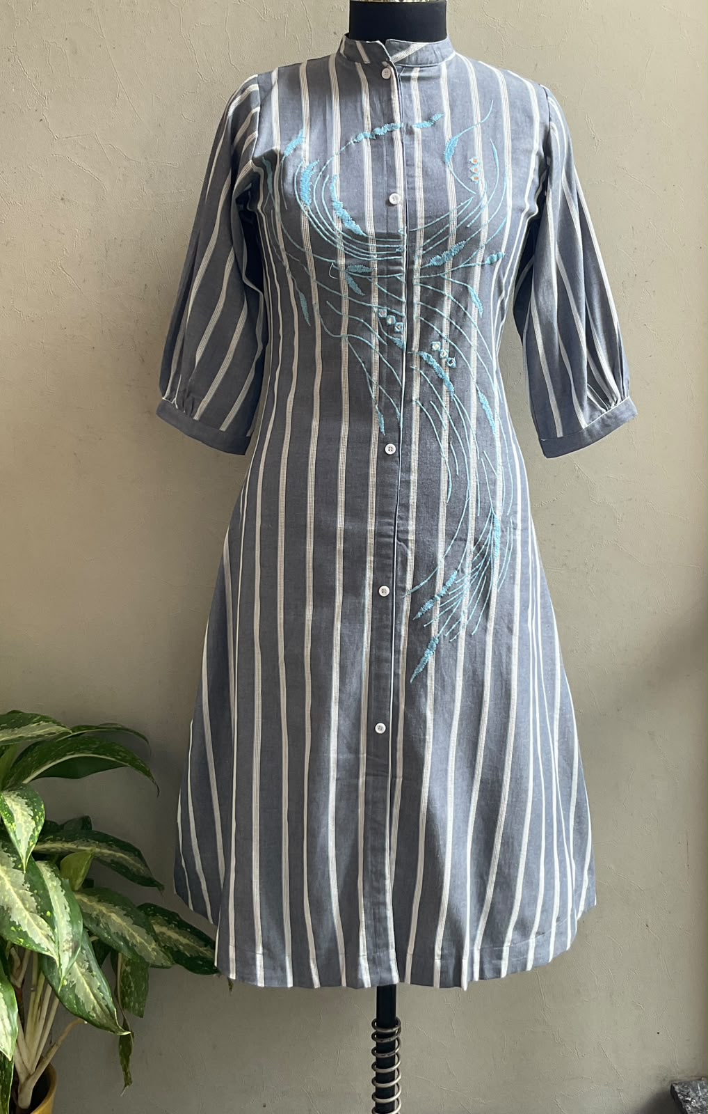 GREY STRIPE THREAD EMBROIDERED ALINE DRESS