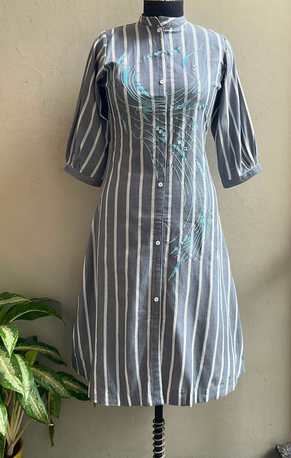 GREY STRIPE THREAD EMBROIDERED ALINE DRESS