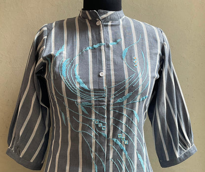 GREY STRIPE THREAD EMBROIDERED ALINE DRESS