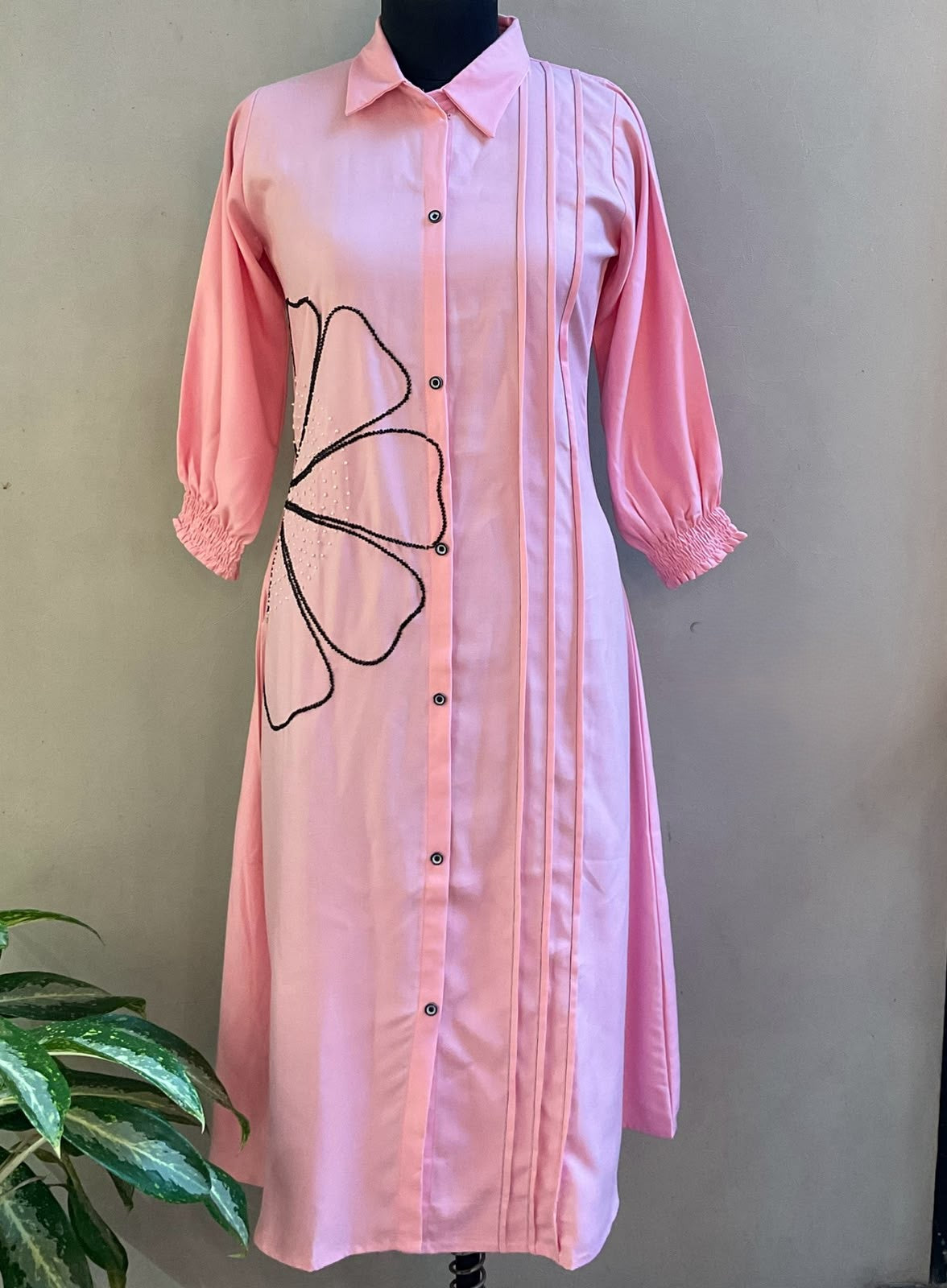 LIGHT PINK ONE SIDE FLORAL DETAILING ALINE DRESS