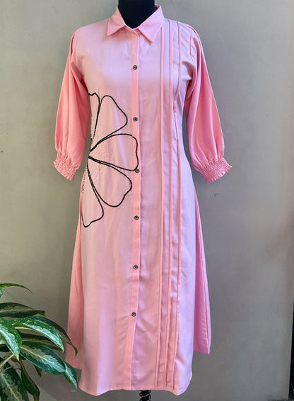 LIGHT PINK ONE SIDE FLORAL DETAILING ALINE DRESS