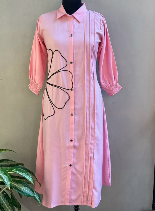 LIGHT PINK ONE SIDE FLORAL DETAILING ALINE DRESS