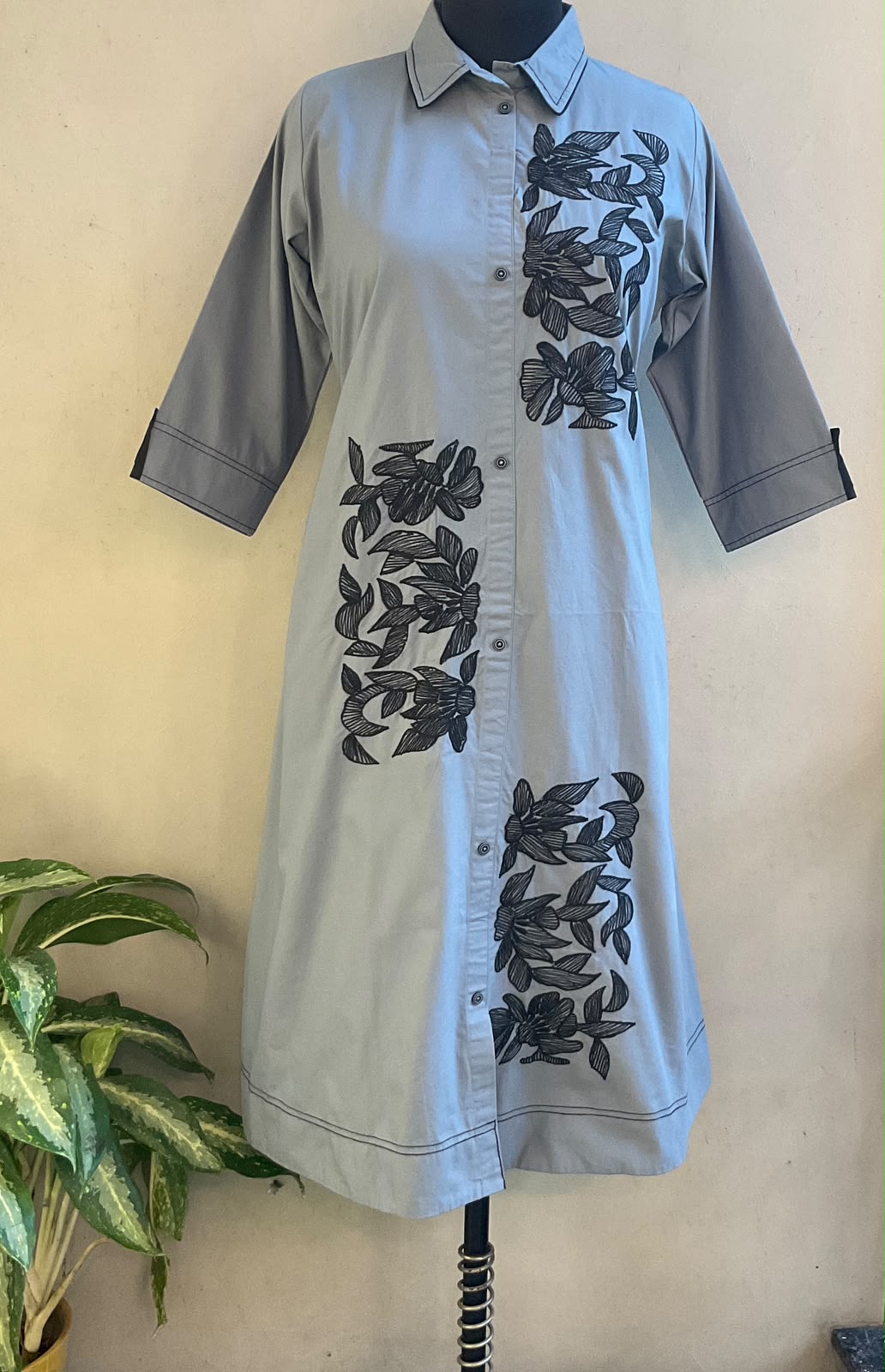 GREY FLORAL THREAD EMBROIDERED ALINE DRESS