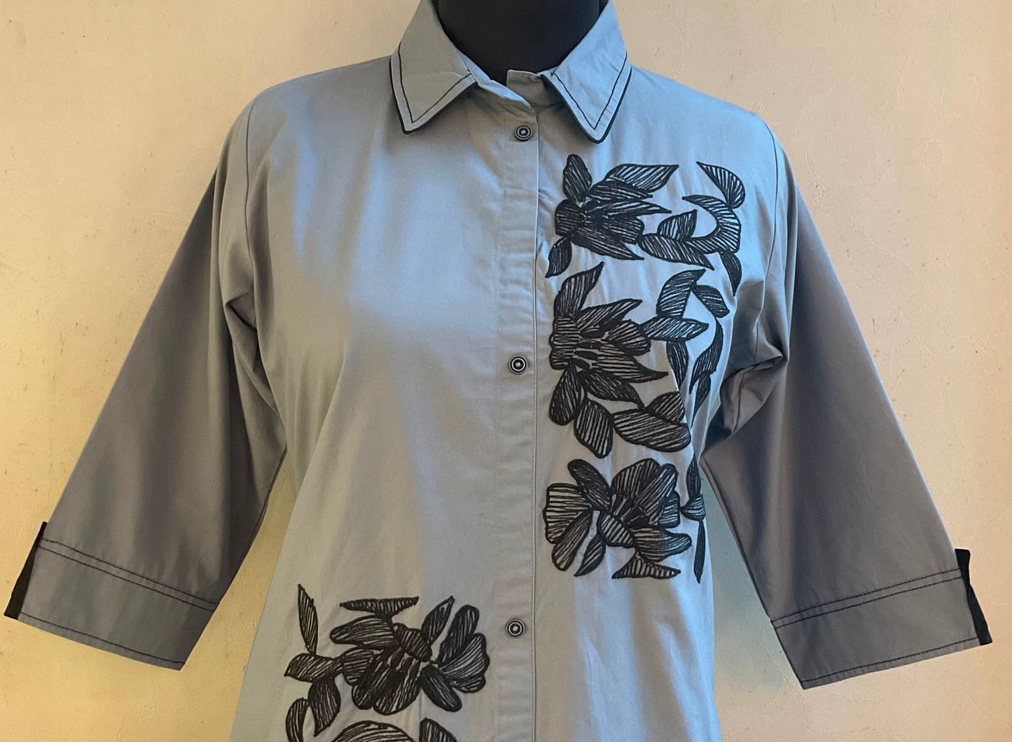 GREY FLORAL THREAD EMBROIDERED ALINE DRESS