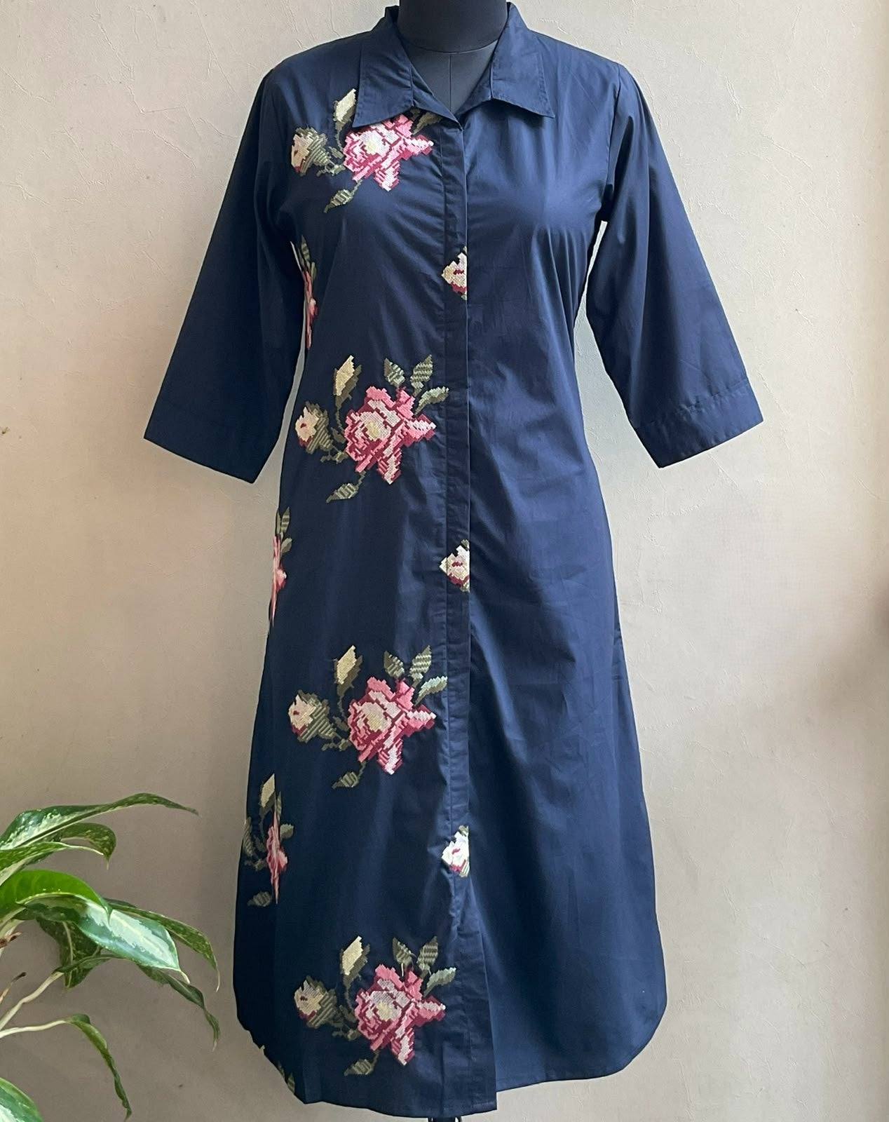 NAVY BLUE ONE SIDE CROSS STICHED ALINE DRESS