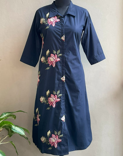 NAVY BLUE ONE SIDE CROSS STICHED ALINE DRESS