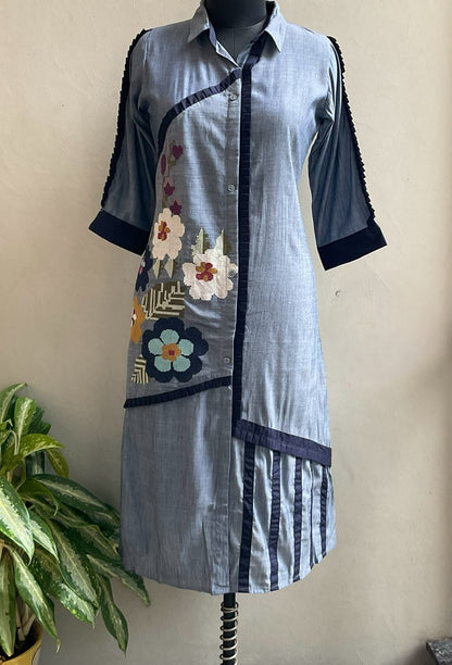 DENIM CROSS STICHED ALINE DRESS
