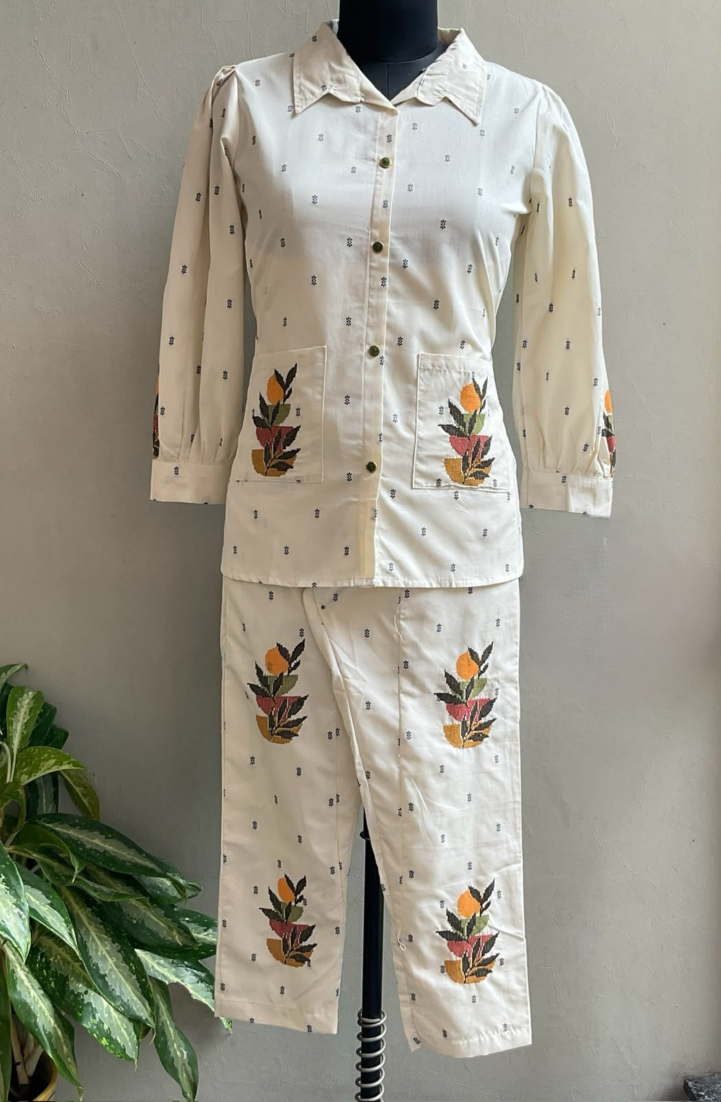 OFF WHITE CROSS STICHED COORD SET