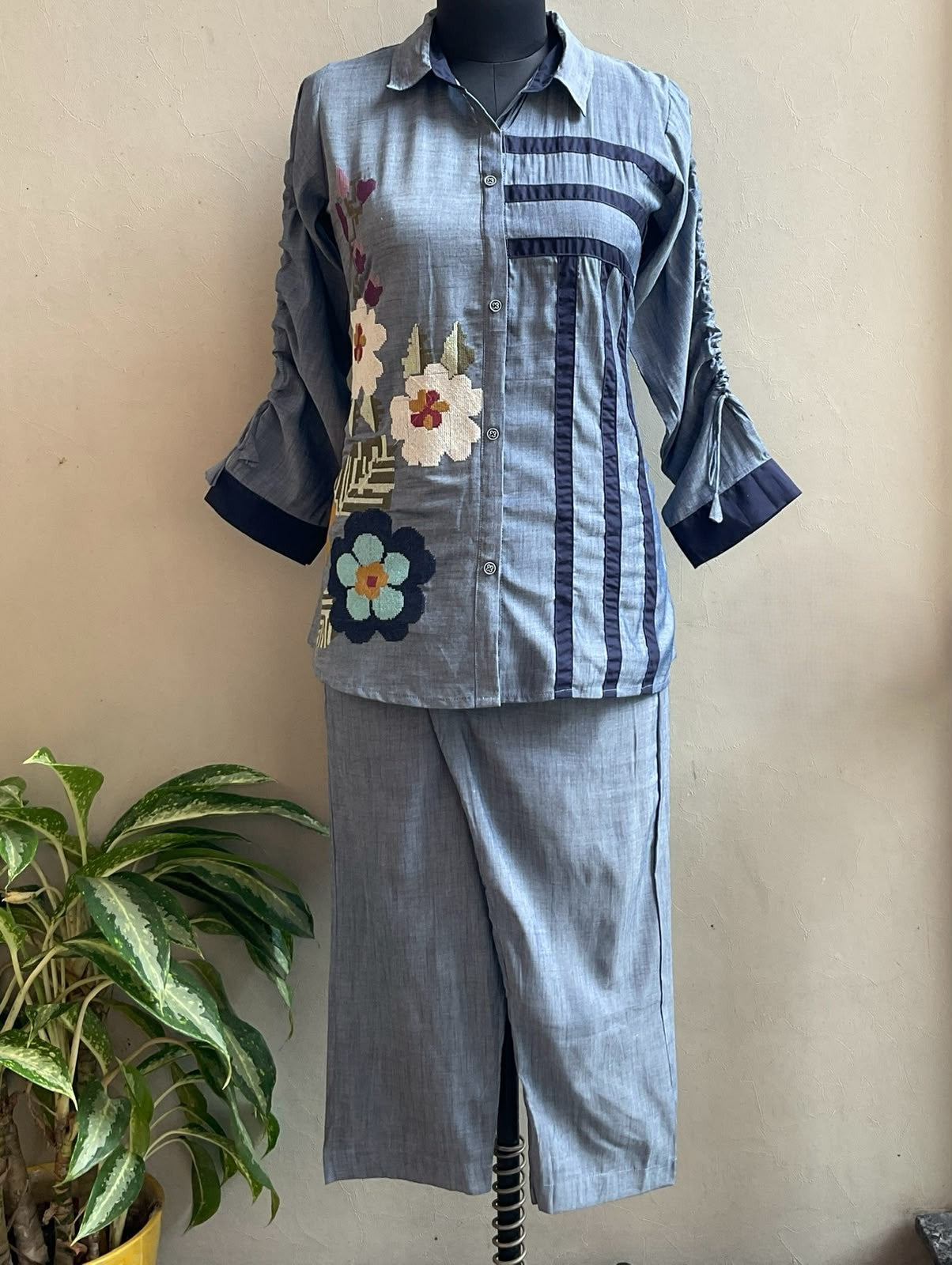 DENIM CROSS STICHED COORD SET
