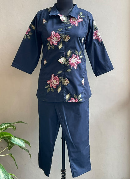 NAVY BLUE CROSS STICHED COORD SET
