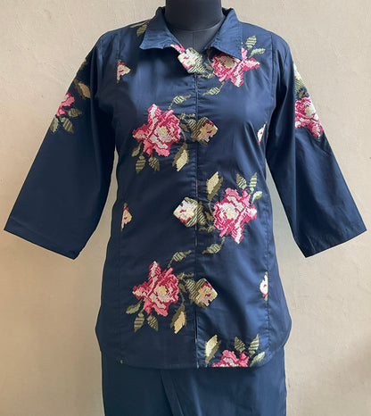 NAVY BLUE CROSS STICHED COORD SET