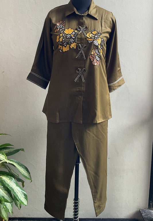 OLIVE GREEN HEAVY SEQUENCE EMBROIDERED COORD SET