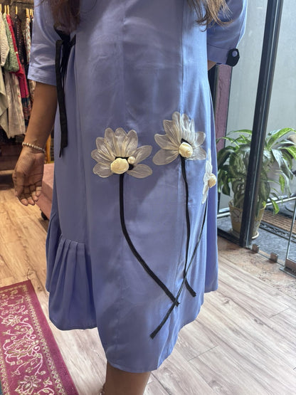SKY BLUE FLORAL PATCHED ALINE DRESS