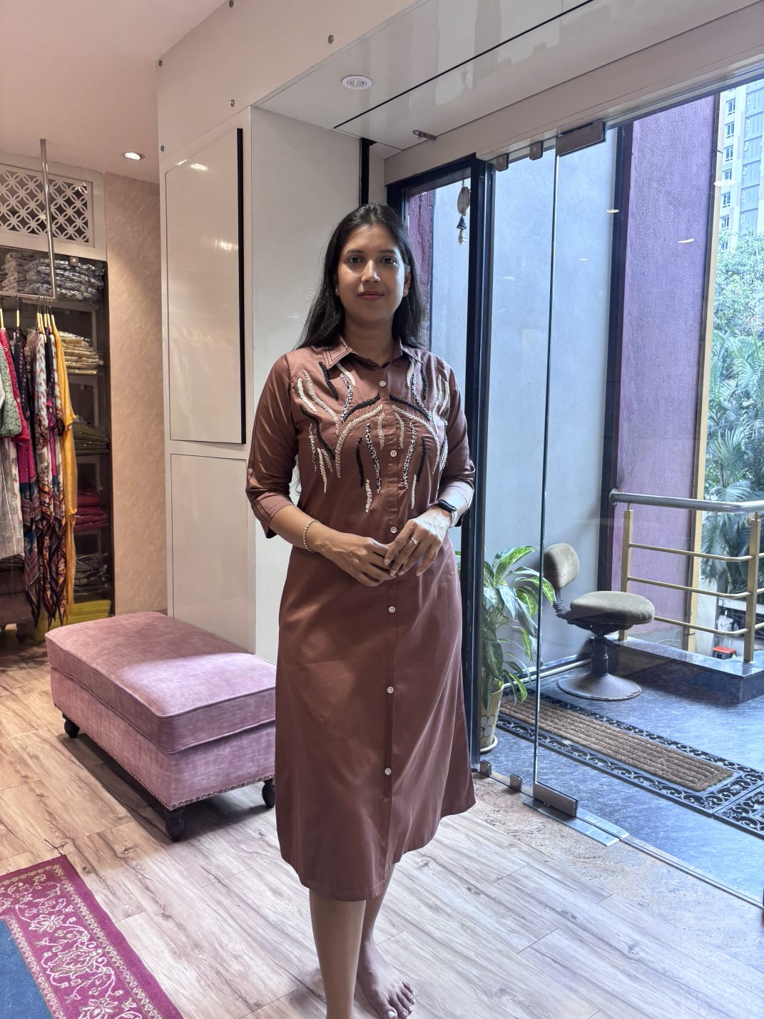 BROWN BEADS EMBROIDERED ALINE DRESS