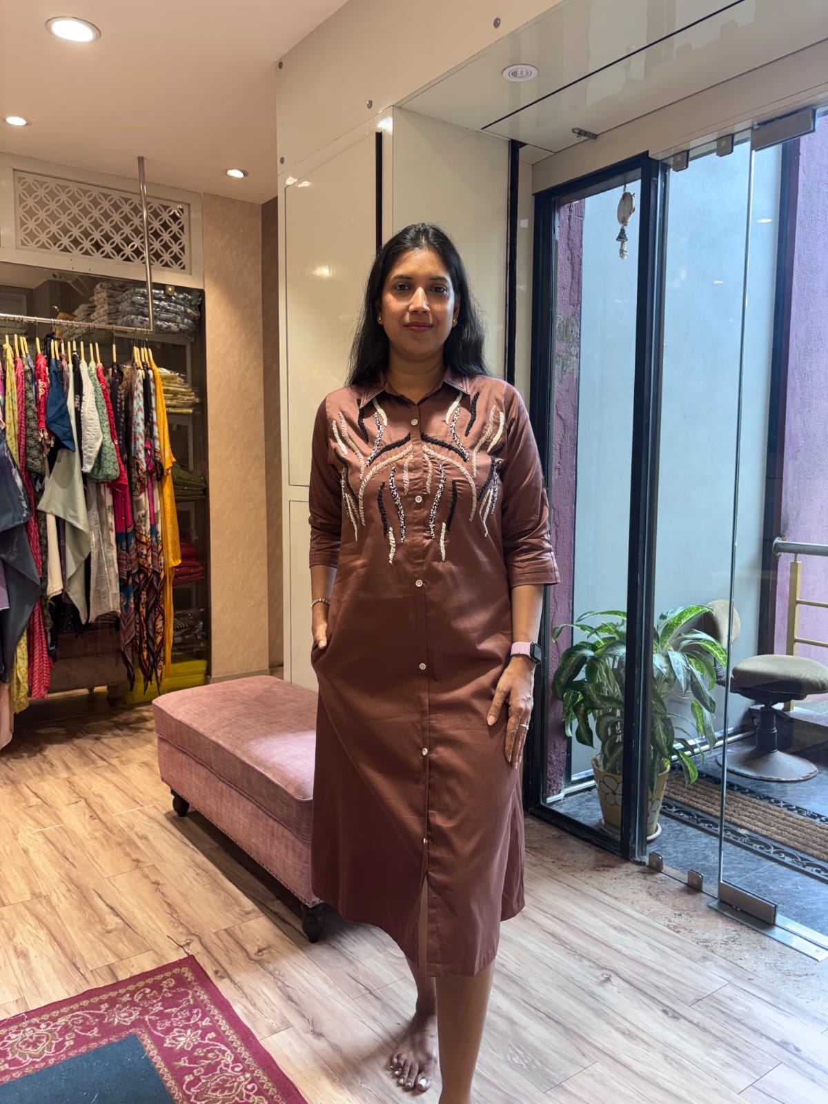 BROWN BEADS EMBROIDERED ALINE DRESS