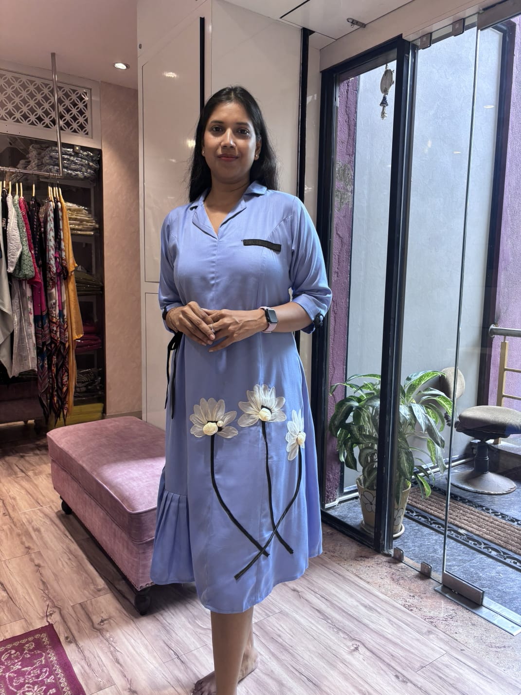 SKY BLUE FLORAL PATCHED ALINE DRESS