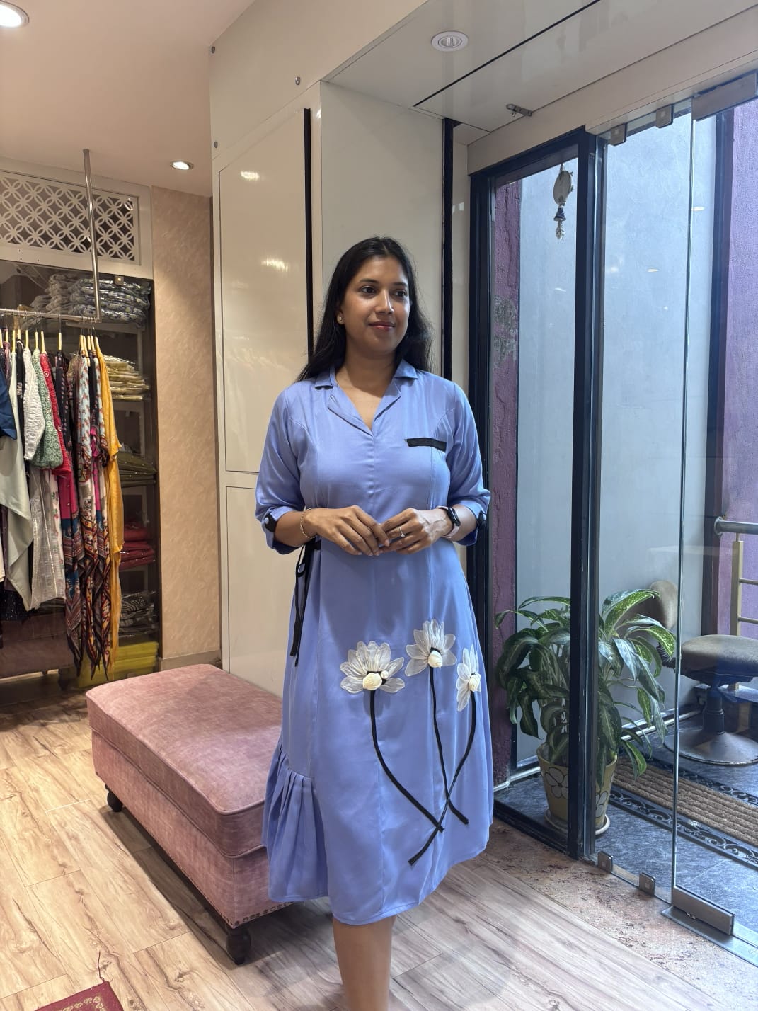 SKY BLUE FLORAL PATCHED ALINE DRESS