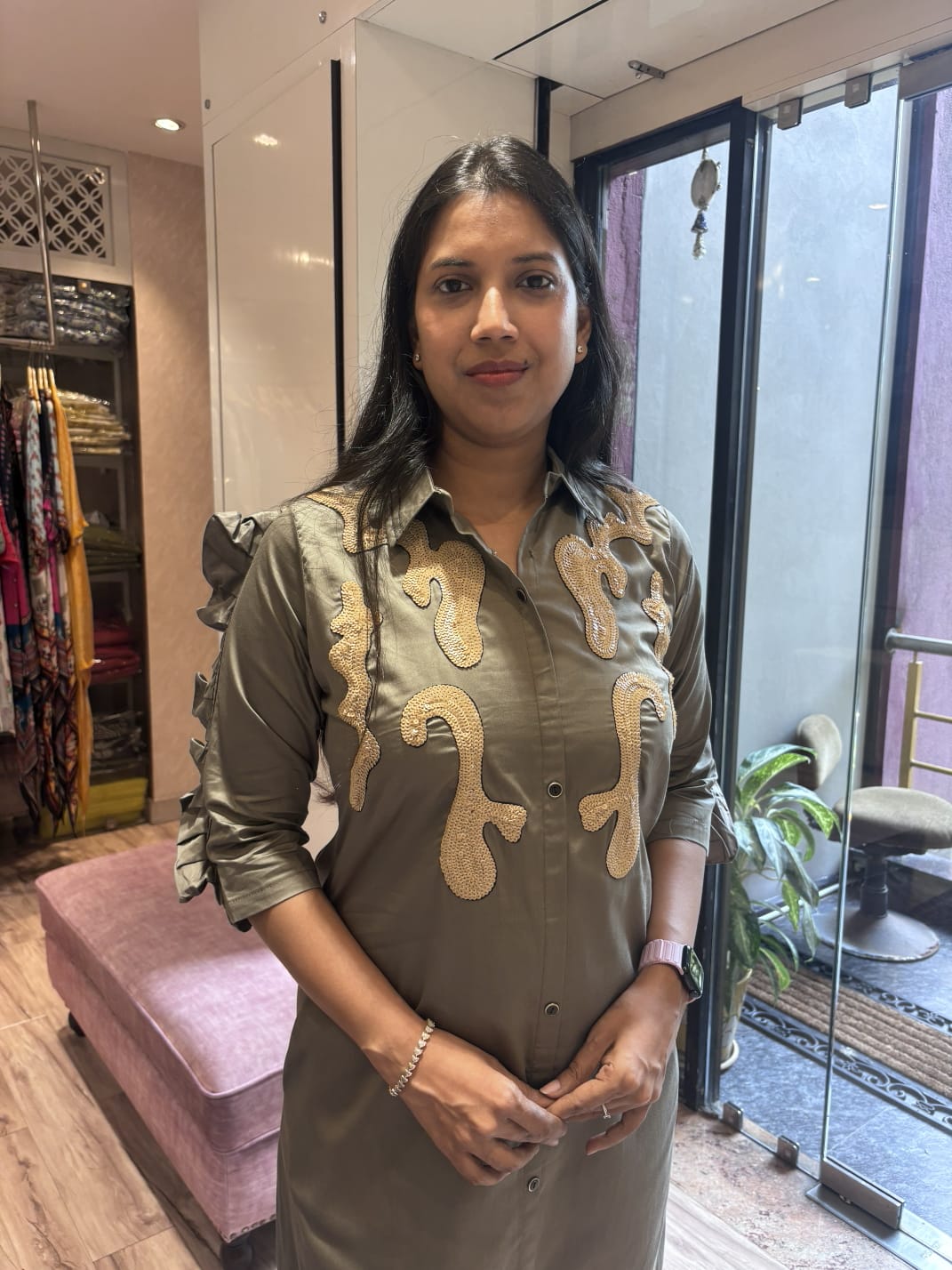 MUD GREEN SEQUENCED ALINE DRESS
